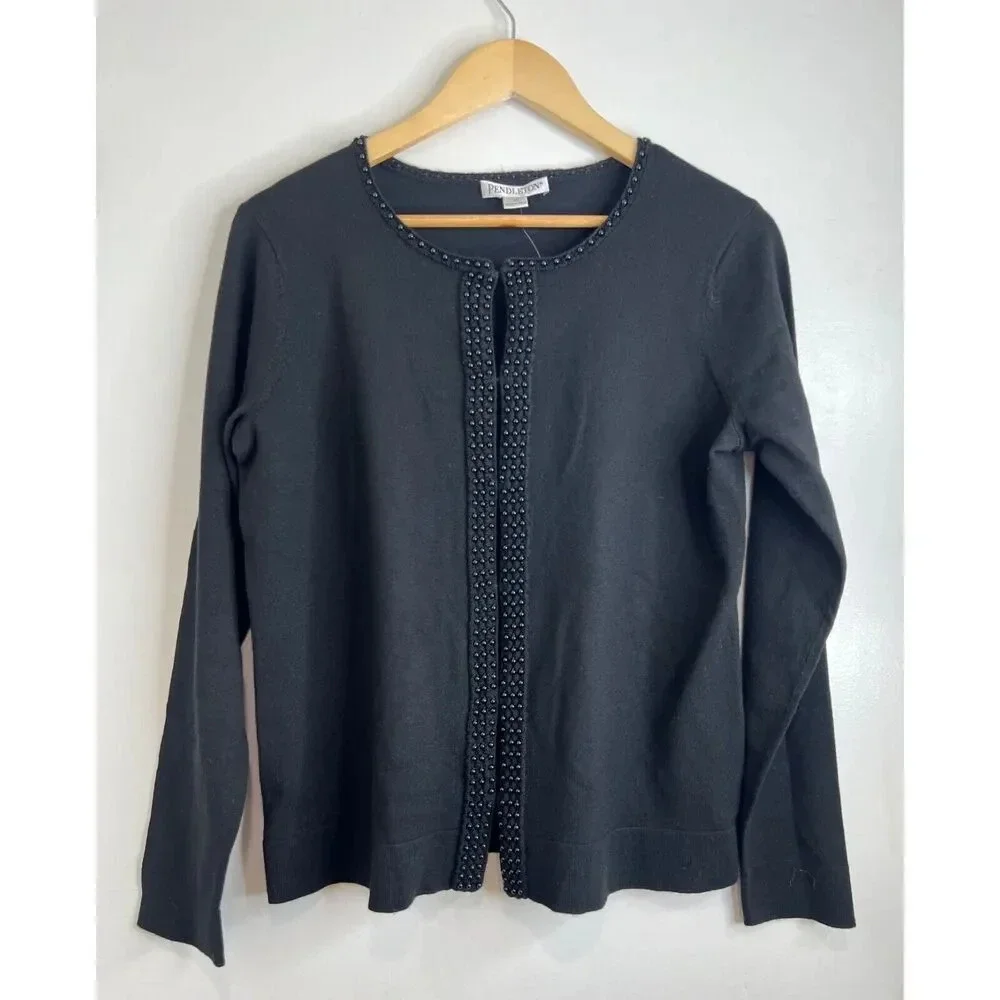 Pendleton vintage size MEDIUM beaded cardigan merino wool sweater black new M